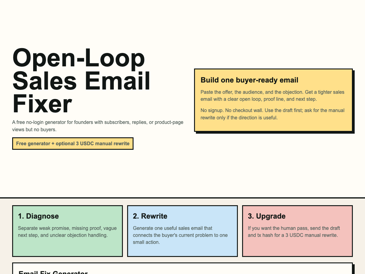 Screenshot of the no-login sales email fixer used to produce rewrite samples
